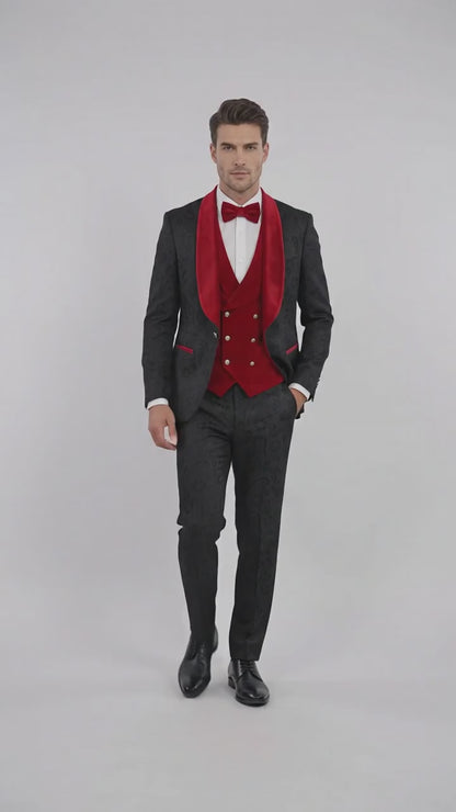 Men’s Black Paisley Tuxedo with Red Velvet Shawl Lapel – 3 Piece Wedding Prom Suit With Matching Bowtie