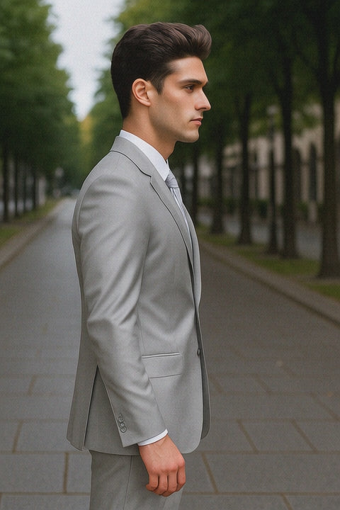 Mens 2 Button Peak Lapel Shiny Sharkskin Suit in Silver