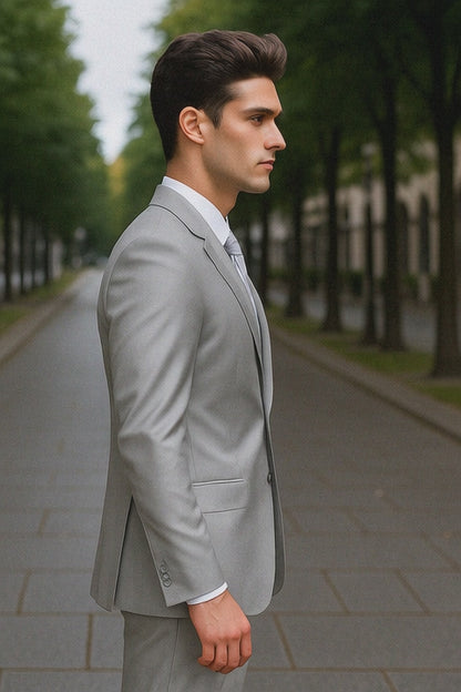 Mens 2 Button Peak Lapel Shiny Sharkskin Suit in Silver