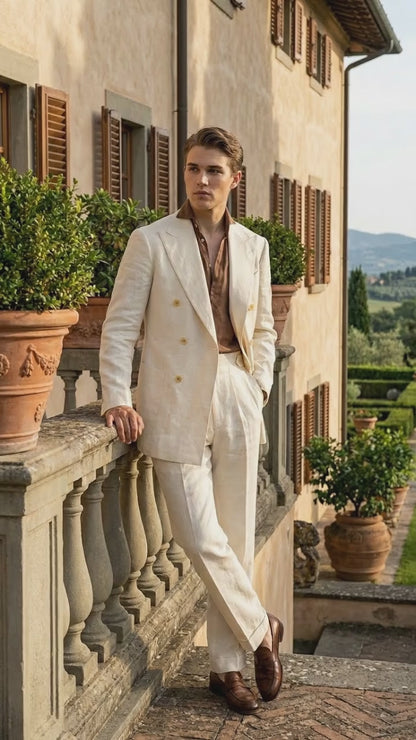 Men’s Off White 70s Style Double Breasted Suit – Vintage Retro Wide Lapel Classic Outfit for Party, Wedding and Casual Fashion Wear
