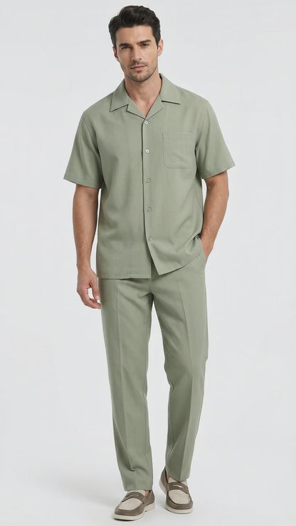Men’s Solid Light Olive Short Sleeve Walking Suit with Matching Pants, Casual Summer Dress Outfit