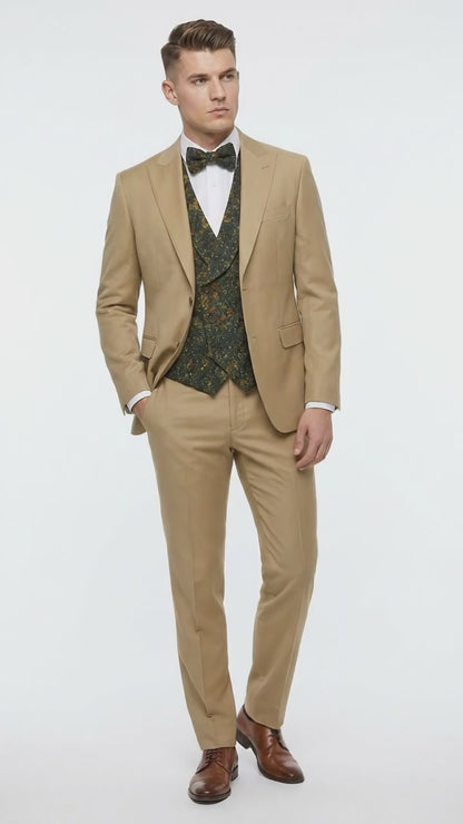 Men’s Khaki 3 Piece Suit with Patterned Vest, Great Gatsby Inspired Formal Suit for Weddings, Mardi Gra in Tan Camel Color