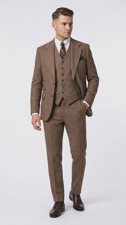 Men’s Light Brown Great Gatsby Inspired Tweed Herringbone Vested Suit, Vintage Formal Wedding Suit
