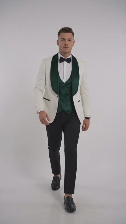 Mens Green & White Tuxedo with Black Pants – Velvet Shawl Lapel 3-Piece Wedding Suit