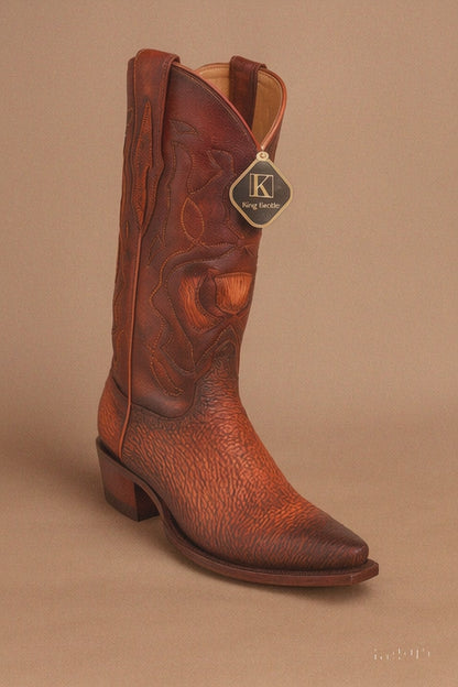 Men's King Exotic Snip Toe Sharkskin Boots Handcrafted Burnished Cognac (494RD0903)