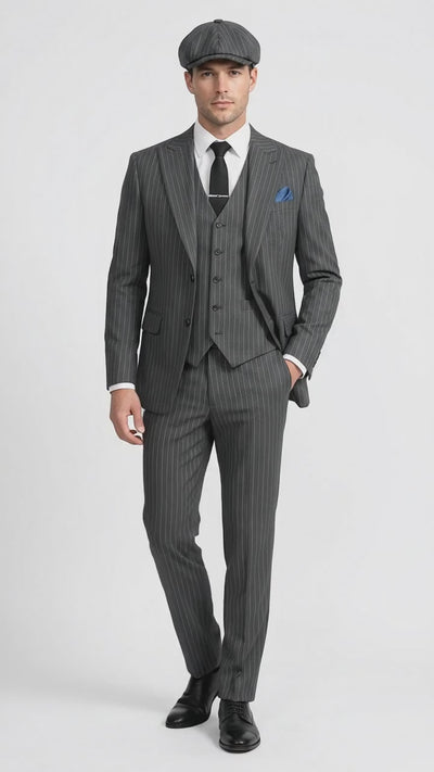 Men’s Thomas Shelby Peaky Blinders Gray Wool Suit Out fit Charcoal Grey Pinstripe 3-Piece  Vintage 1920s Suit