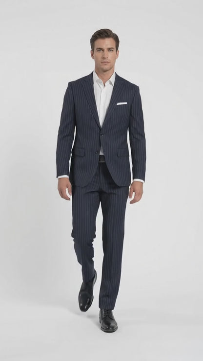 Men’s Patrick Bateman Inspired Navy Pinstripe Suit – American Psycho 1980s Business Style 2 Piece Suit