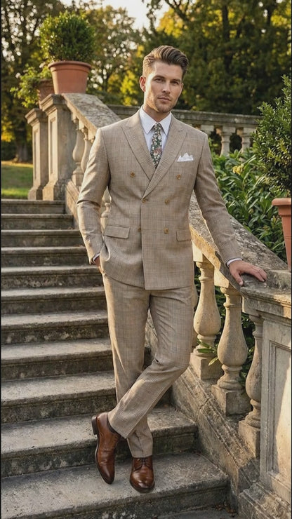 Vinci Men’s Beige Plaid Double Breasted Suit – Classic Checkered Formal Suit Set in Tan Color Windowpane Checkered Pattern