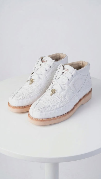 Men’s Los Altos White Caiman and Ostrich Skin Casual Sneakers, Exotic Lace Up Dress Shoes