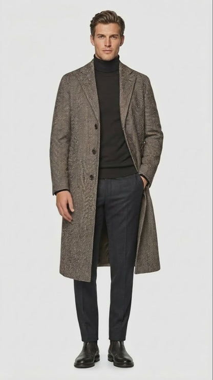 Men’s Black & Grey  Herringbone Tweed Wool Blend Overcoat – Classic Single-Breasted Winter Blazer Carcoat