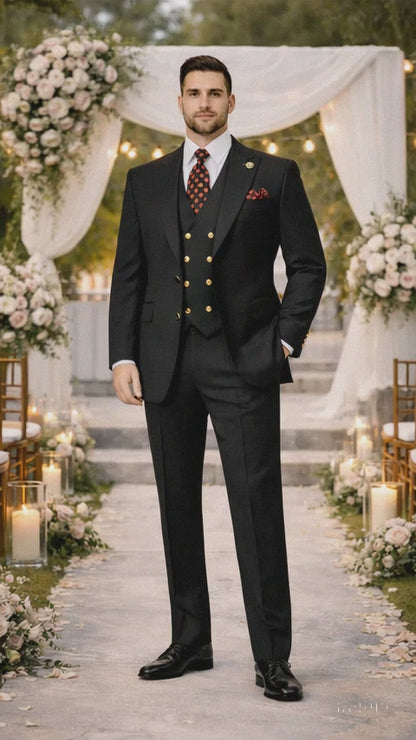 Rossiman Black Suit for Men – Classic 1-Button Peak Lapel Jacket & Double-Breasted Vest