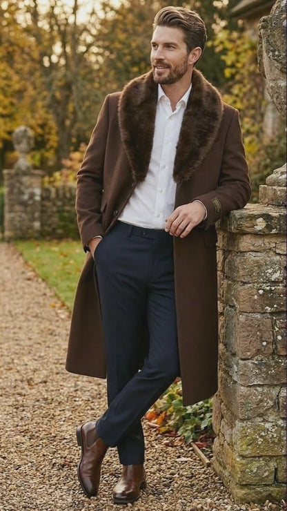 Men’s Brown Long Overcoat with Faux Fur Collar – Classic Winter Formal Coat Three Quarter Carcoat Wool and Cashmere Fabric