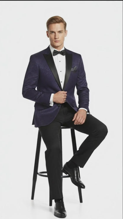 Men’s Purple Paisley Tuxedo Jacket – Ultra Slim Fit Dinner Blazer with Black Satin Peak Lapel