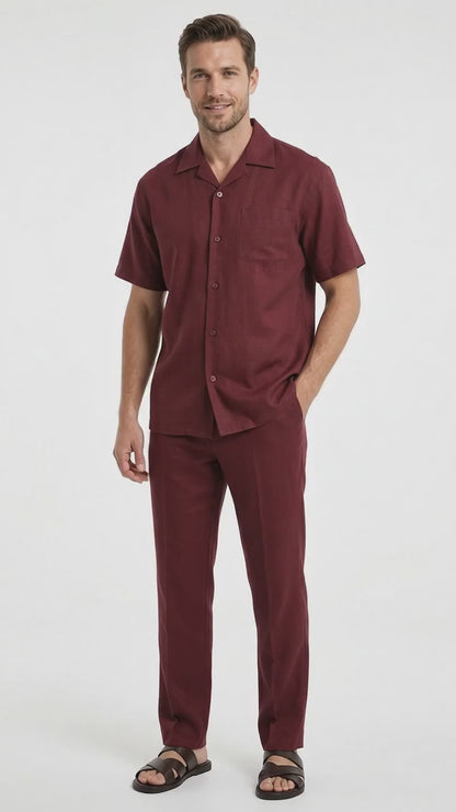 Men’s Burgundy Short Sleeve Walking Suit, Casual Summer Shirt and Pants Leisure Set