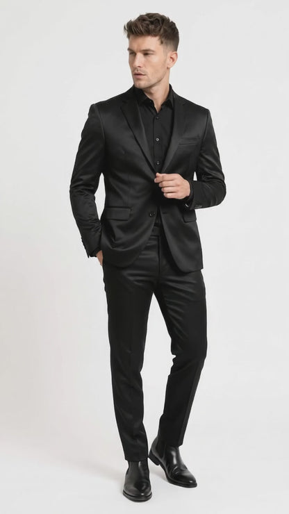 Men’s Black Satin Flex 2 Piece Suit, Slim Fit Sport Coat and Matching Pants Formal Dress Suit