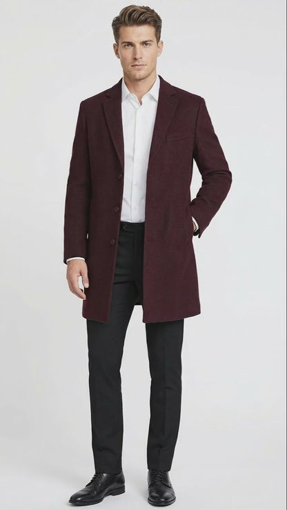 Men’s Burgundy Mid-Length Overcoat – Classic Fit Wool Blend Dress Coat Three Quarter Carcoat Topcoat