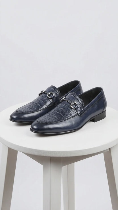 Men’s Navy Genuine Crocodile and Calfskin Leather Slip-On Dress Shoes, Exotic Bit Loafers