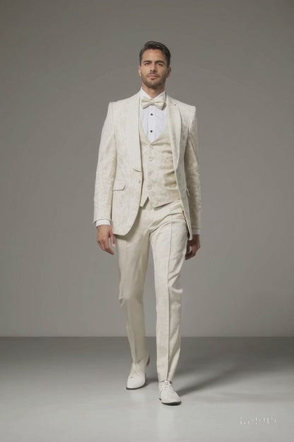 Ivory Floral Tuxedo Suit – Wide Shawl Lapel for Weddings