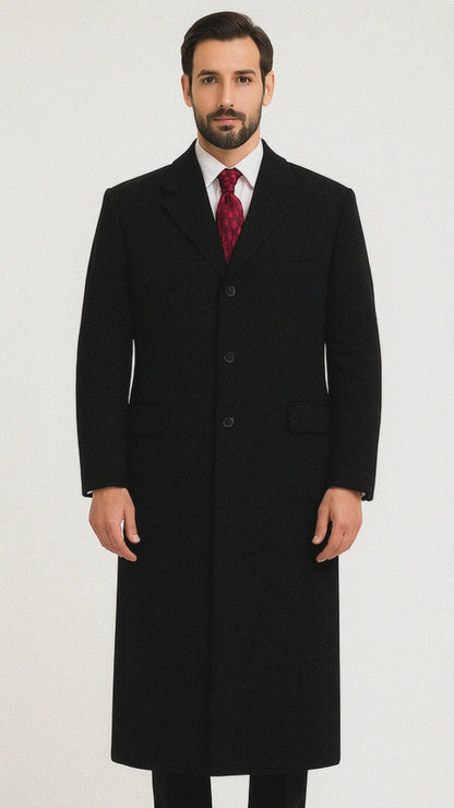 Black Cashmere Chesterfield Overcoat – 1920s Full Length Topcoat
