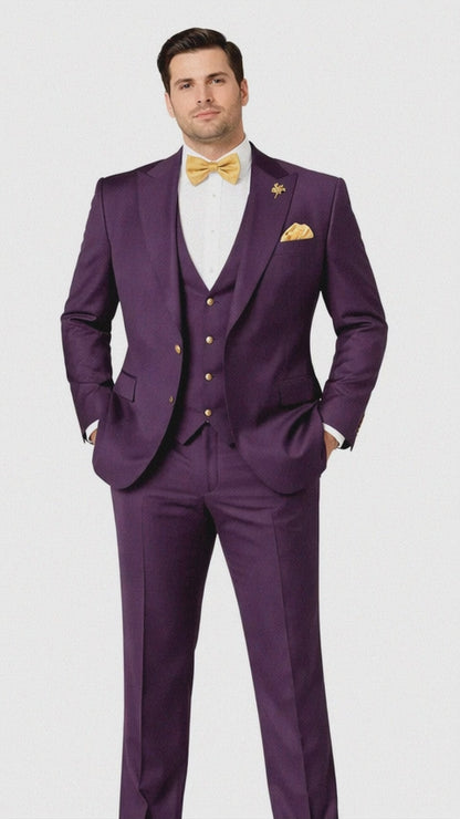 Rossiman Men’s Plum Purple Suit – Gold Buttoned Double-Breasted Elegance