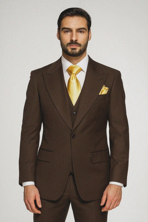 Brown One Button 3 Piece Suit  by Rossiman 