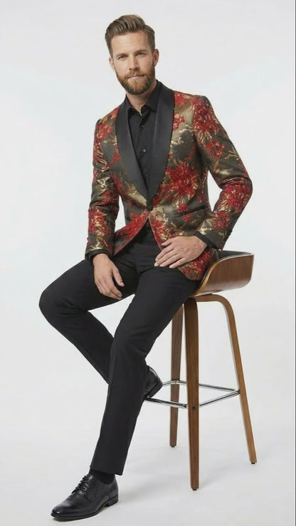 Men’s Red and Gold Floral Pattern Paisley  Shawl Lapel | Luxury Evening and Party Wear Jacket Prom Christmas New Year Blazer