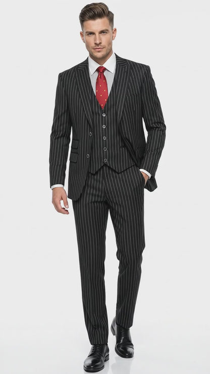 Men’s Gomez Addams Black Pinstripe 3 Piece Suit – Vintage Gangster Gothic Style Suit