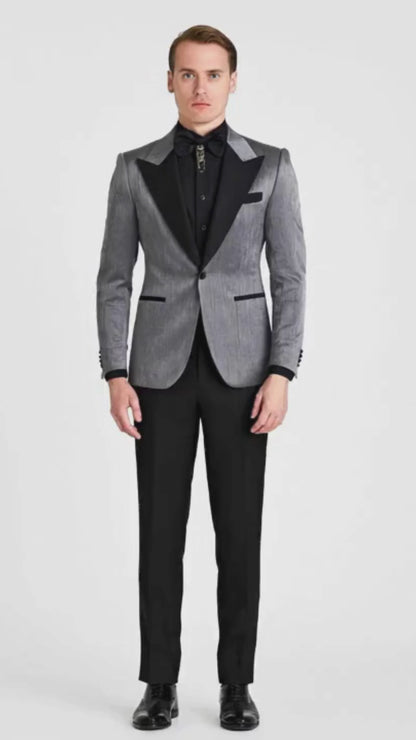 Silver Metallic Tuxedo Suit with Black Satin Peak Lapel – Mens Slim Fit Formal Wedding and Prom Attire in Charcoal Grey With Pants