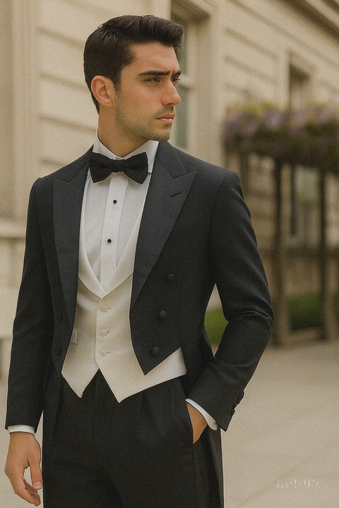 Mens Classic Black Tail Tuxedo with White Vest