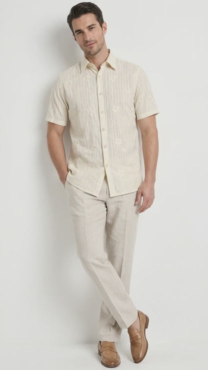 Men’s Cream Abstract Stripe Walking Suit Set, 2 Piece Short Sleeve Casual Summer Outfit
