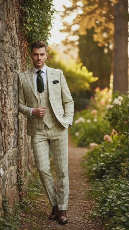 Men’s Light Beige Check 3-Piece Suit Set – Premium Tailored Fit Formal Wedding and Spring Event Suit Light Tan Sand Color By Rossiman