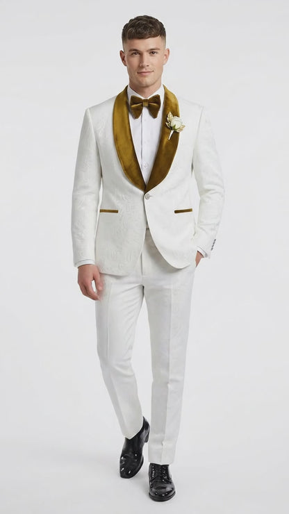 Men’s White Paisley 3 Piece With Vest Prom Tuxedo with Gold Velvet Shawl Lapel, Formal Wedding Suit Set