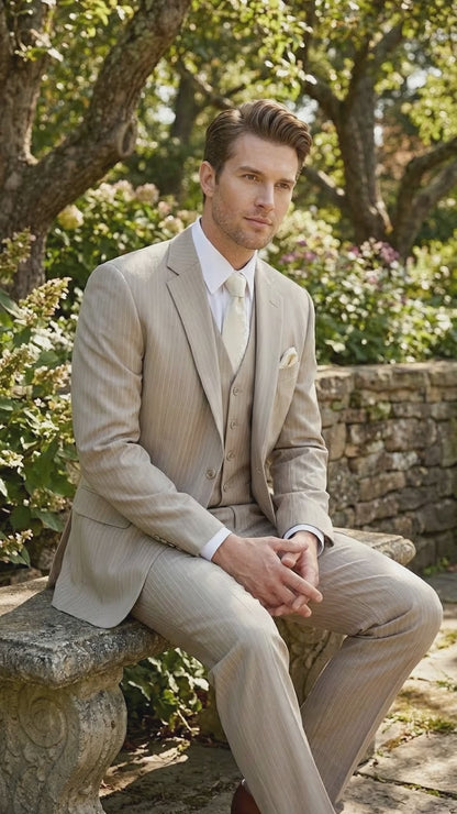 Men’s Tan Pinstripe Three Piece Suit – Classic Fit Pleated Pants  Tan Sand Beige Wedding, Church Shadow Ton on Tone  Business Suit for Men