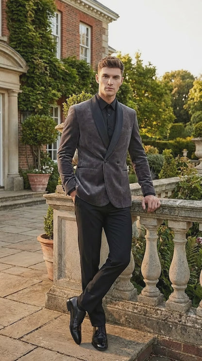 Mens Charcoal Gray Velvet Tuxedo Suit – Luxury Formal Wedding Suit with Black Shawl Lapel for Prom, Party Black Pants
