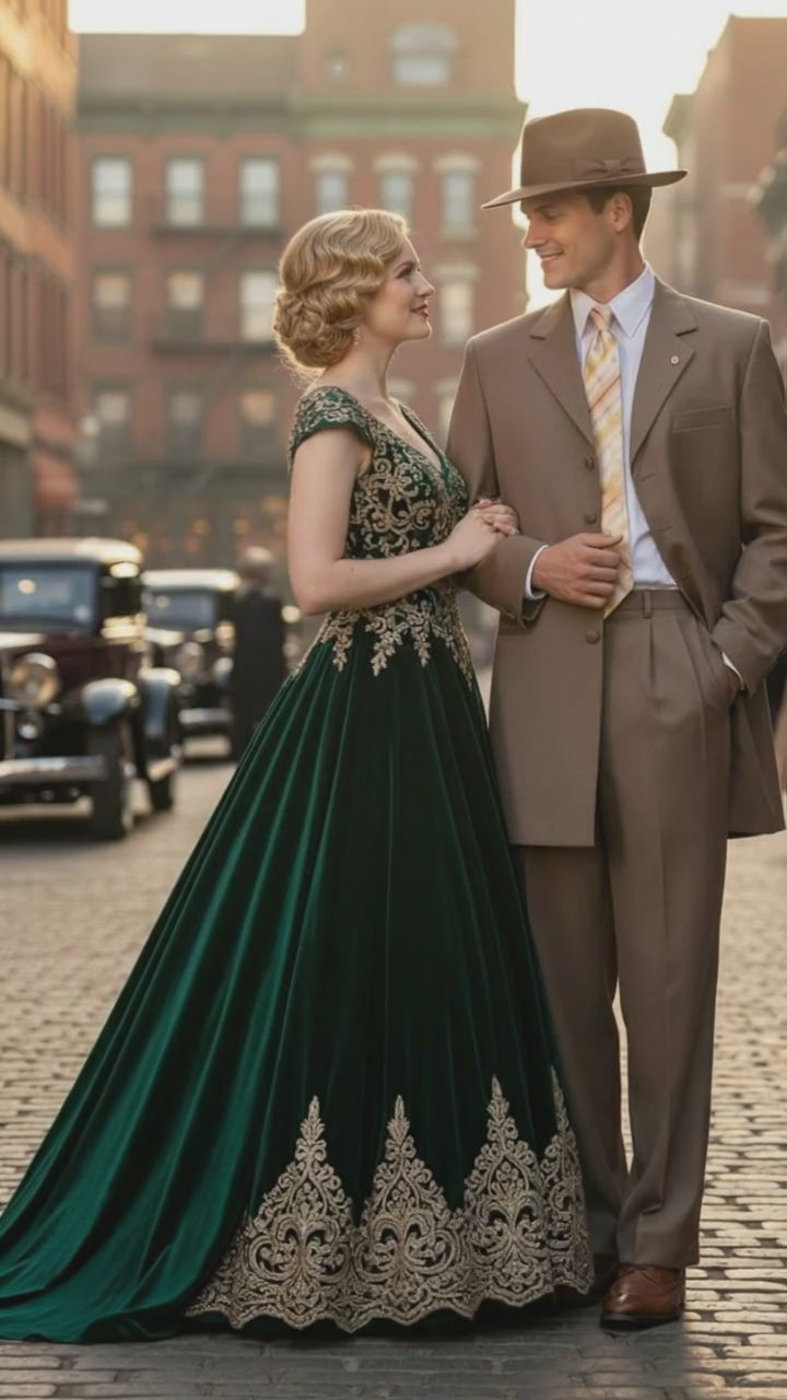 Men’s 1920s Tan Zoot Suit with Fedora Hat and Wingtip Shoes – Vintage Gangster 3-Piece Long Jacket Suit