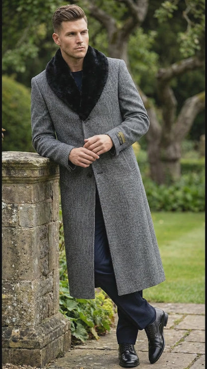 Men's Grey Herringbone Tweed Long Overcoat with Black Faux Fur Collar, Classic Winter Topcoat