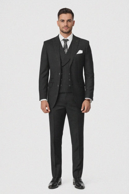 Mens Gangster Pinstripe 2 Button Double Breasted Vest Suit in Black