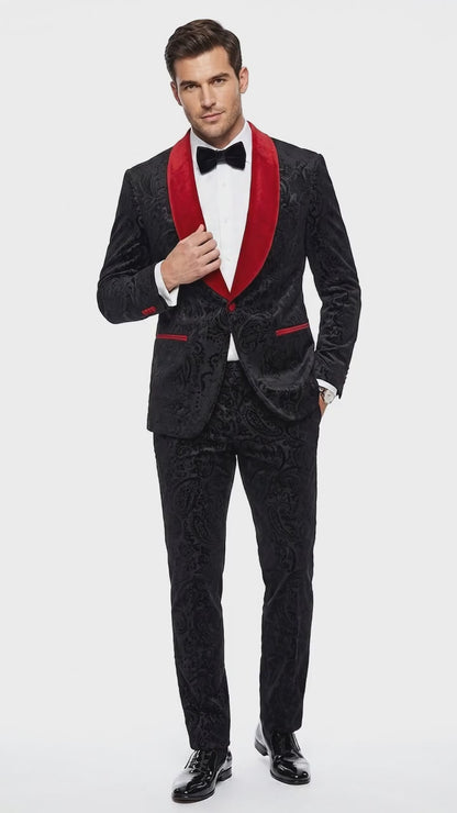Men’s Black Paisley 2 Piece Suit with Red Shawl Lapel, Formal Wedding Prom Party Suit Set