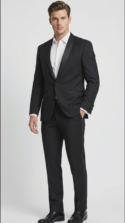 Tiglio Designer Men’s Black Single Button Tuxedo Suit – Formal Black Business and Wedding Suit Shawl Collar  Super 150's Wool Fabric