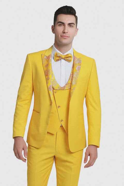 Radiant Golden Bloom Mens 3-Piece Suit with Floral Peak Lapel