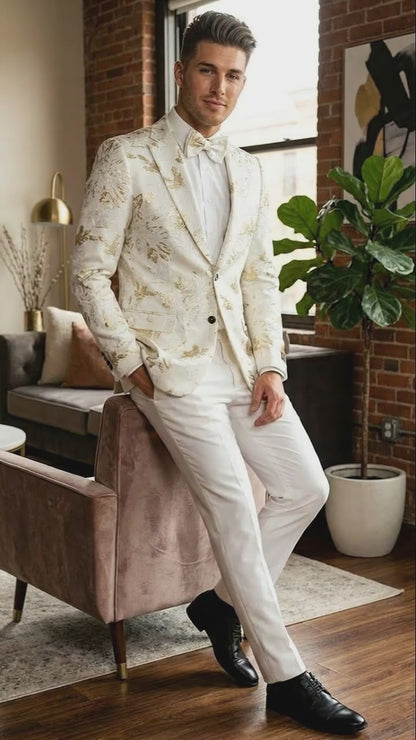 Men’s White and Gold Patterned Blazer – Paisley Floral Pattern Prom Wedding Suit Tuxedo Dinner Jacket + Bowtie