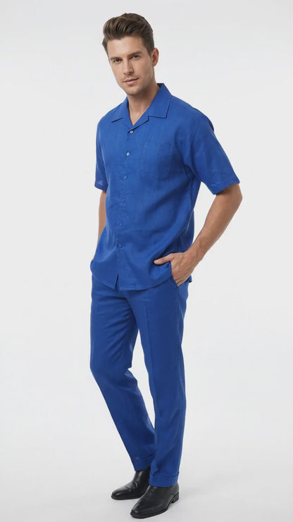 Men’s Royal Blue Linen Shirt and Pants Set, Casual Walking Suit Summer Outfit