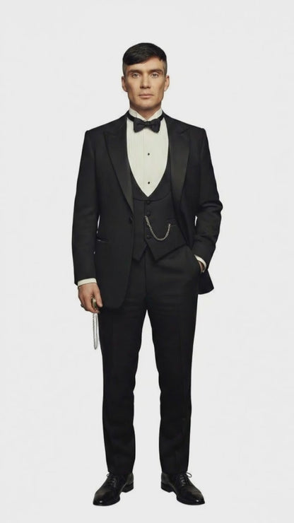 Men’s Black Peaky Blinders Style Three-Piece Tuxedo Suit – Classic Formal Suit with Blazer and Waistcoat Peak Lapel 1920s Style