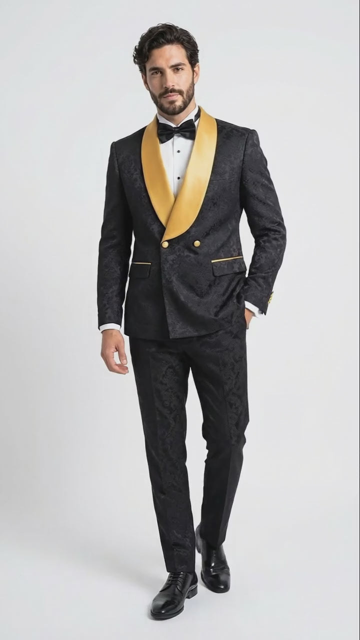 Men’s Black and Gold Jacquard Tuxedo Suit – Luxury Slim Fit Formal Wedding, Prom, and Gala Outfit