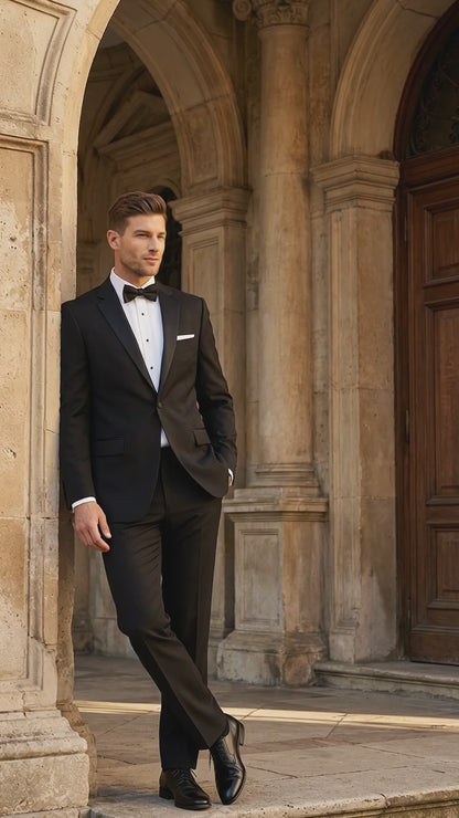 Men’s Black Uniform Tuxedo – One-Button Satin Lapel Formal Suit for Weddings, Prom and Events