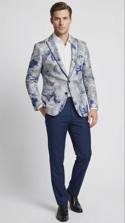Men’s Navy Blue and Gray Paisley Print Blazer – Prom Jacket for Formal, Party, and Evening Wear