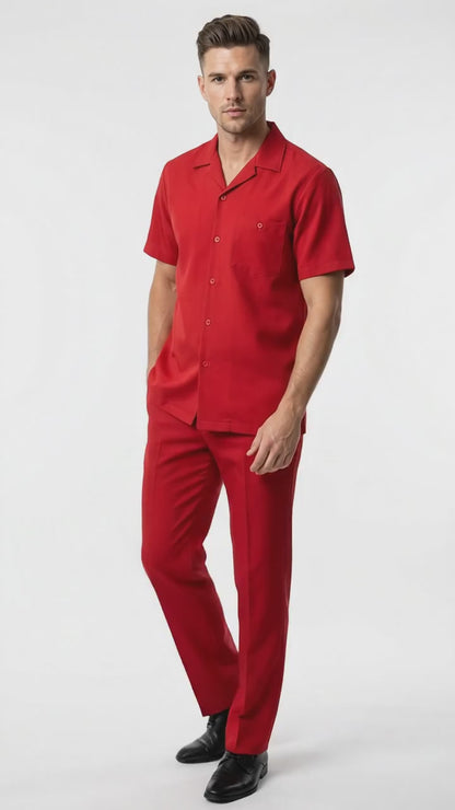 Men’s Red Short Sleeve Walking Suit with Matching Pants, Casual Summer Dress Outfit
