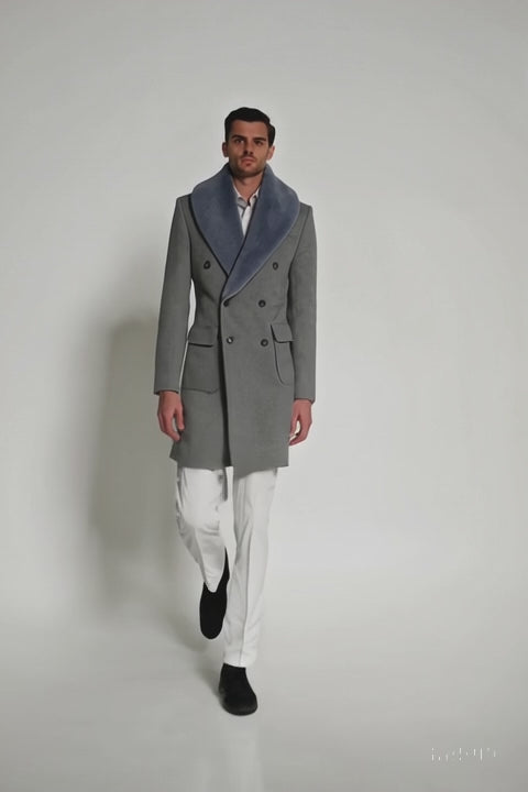 Men’s Light Grey Double Breasted Overcoat with Faux Fur Shawl Collar – Winter Luxury Coat Wool Fabric