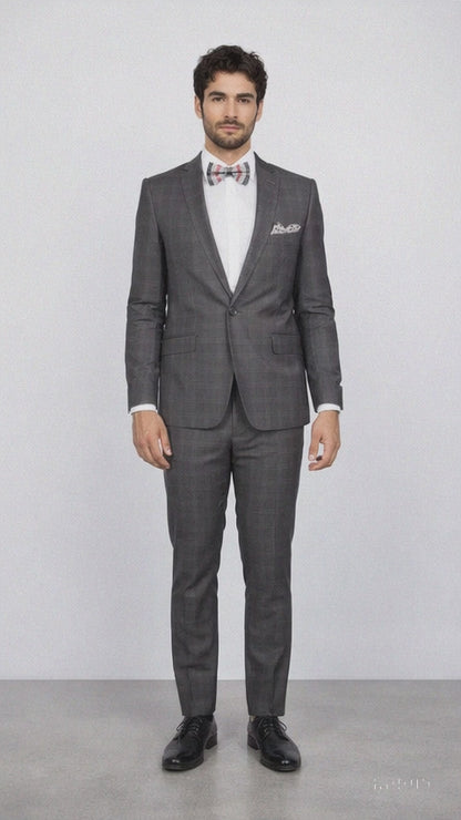 Men's Rossiman Rossi Man Brand Charcoal Plaid Tapered Leg Lower Rise Pant & Get Skinny 1 Button Slim Fit Peak Lapel Suit