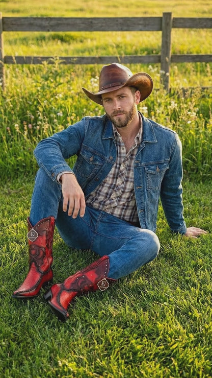 Men’s King Exotic Burnished Red Genuine Sharkskin Cowboy Boots with 3X Toe